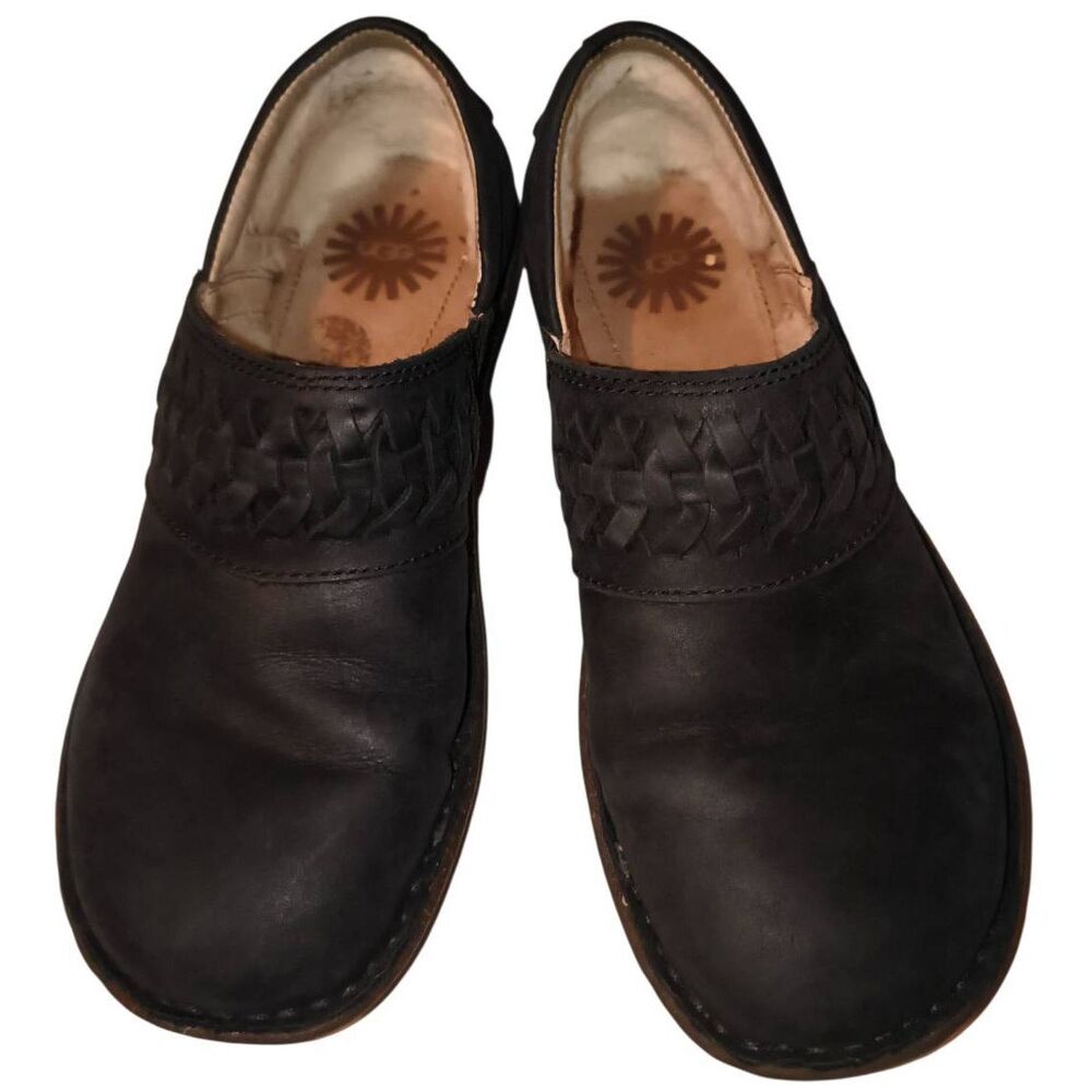 UGG Anila slip-on clogs black leather upper with braided woven detail Lined warm